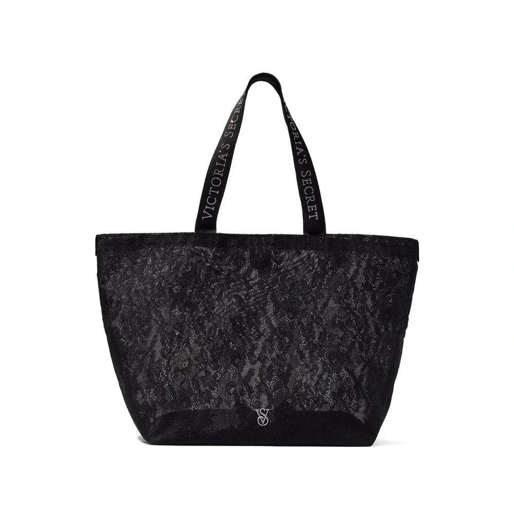Victoria's Secret Black Lace Logo Tote Bag Beach Travel Handbag Snap Closure NEW